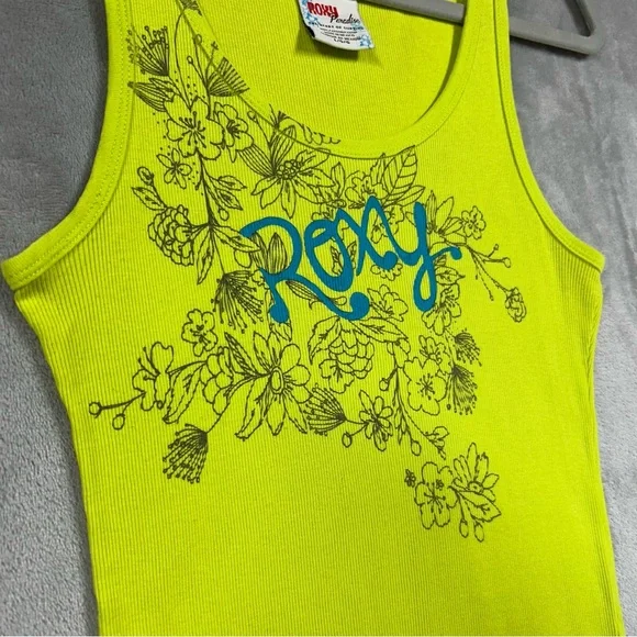 Roxy Y2K Ribbed Graphic Print Tank Top Floral Sz L Green - Picture 2 of 5